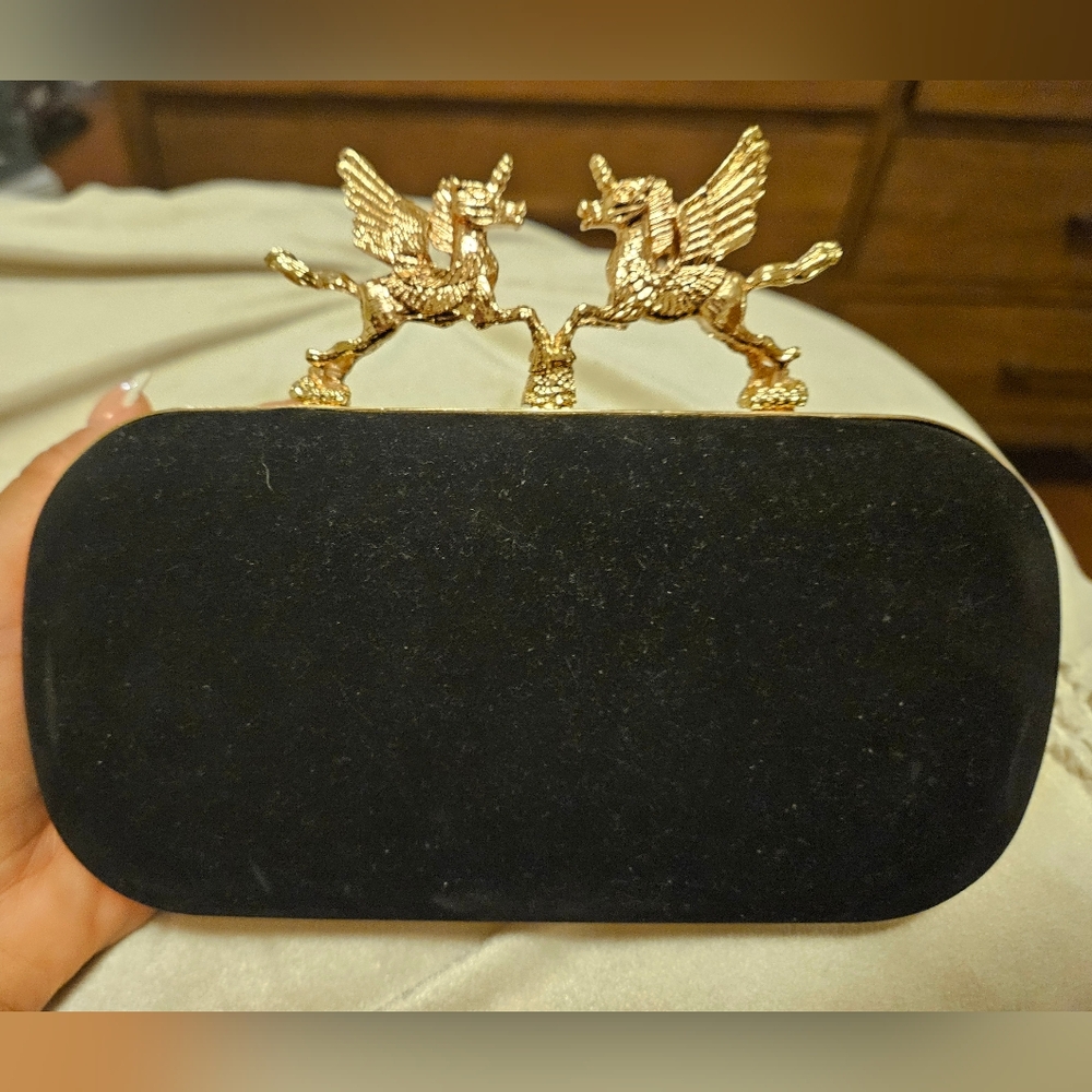 Black Clutch with Gold Pegasus Clasp